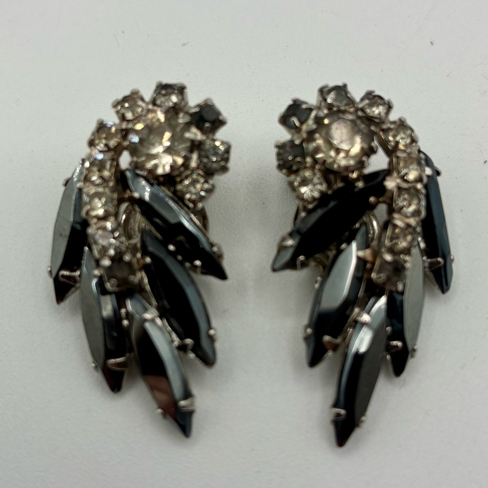 Vintage Juliana Black and Clear Rhinestone Clip On Huggie Earrings Silver Tone